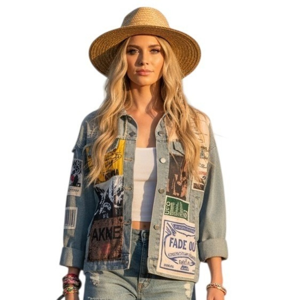 Daisy Patchwork Grungecore Womens sz Medium Distressed Denim Indie sleaze Jacket